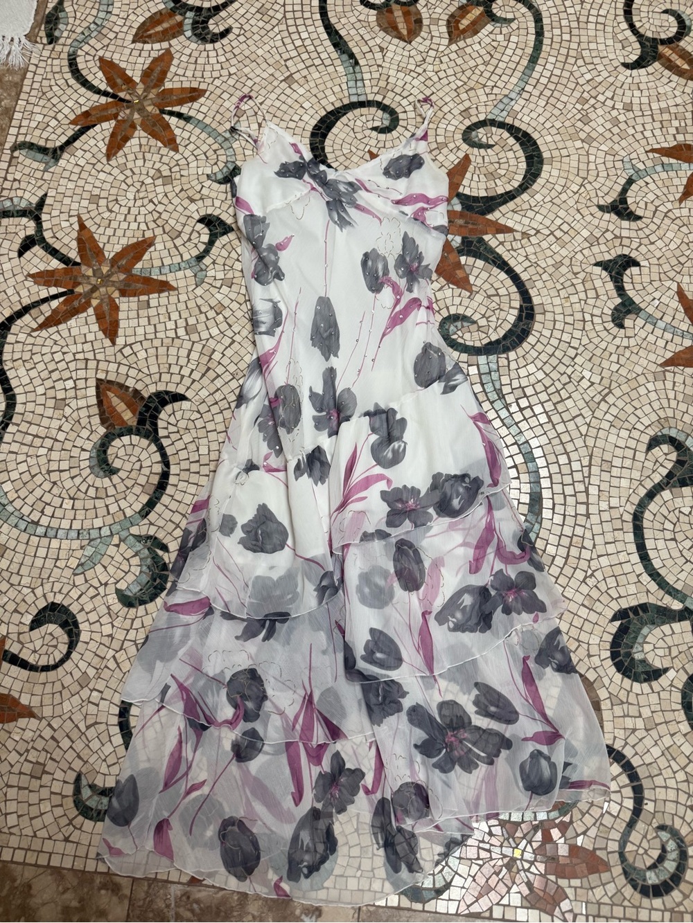 Floral Spaghetti-Strap Tiered Maxi Dress - White with Gray & Pink Floral
